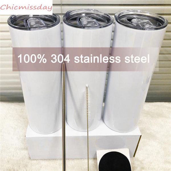 dhl wholesale 20oz diy sublimation straight tumbler with metal straw rubber coaster and straws brush doubel wall thermos cup